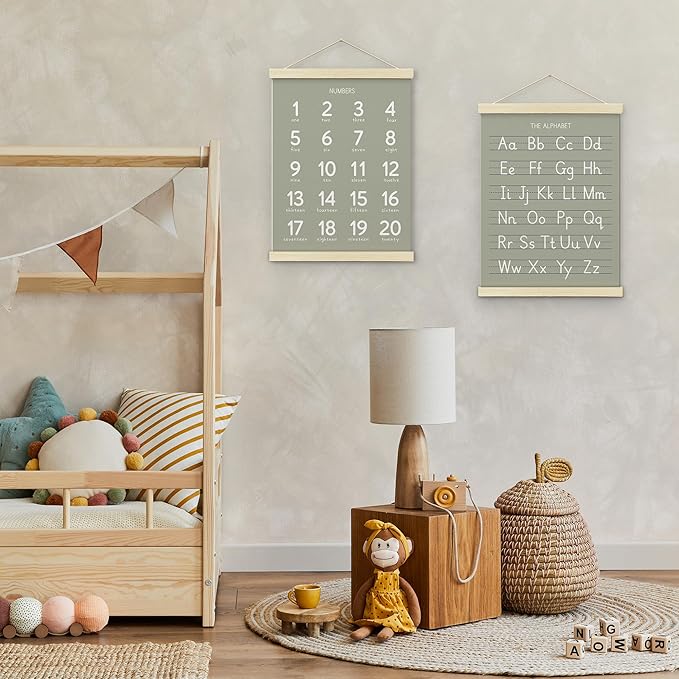 BONETAT Numbers alphabet poster for Nursery Toddlers, Play Room Wall Decor, ABC Wall Chart, Wall Hanging Decor for Toddler Playroom Decor Kids Wall Decor, Wooden Frame Alphabet Banner-A06