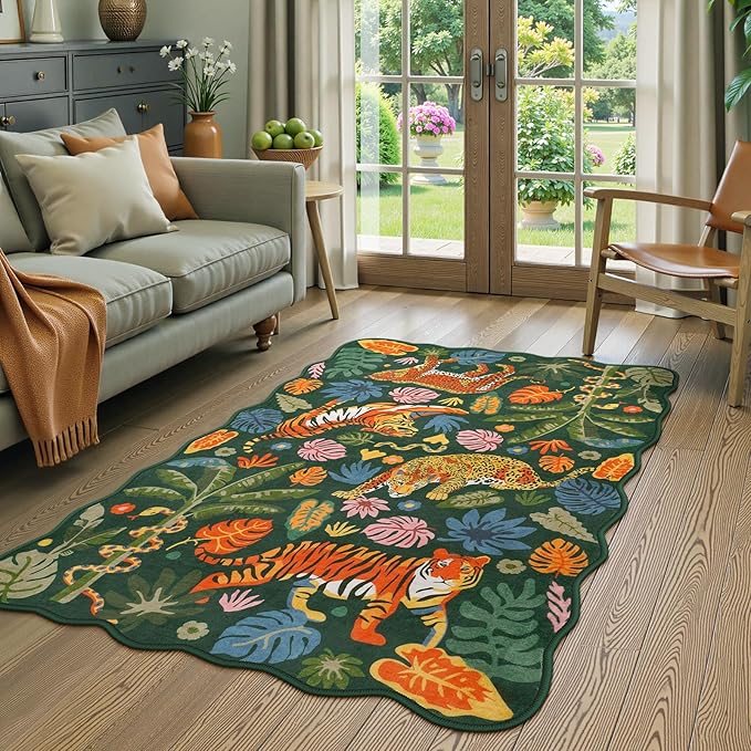 LEEVAN 3x5 Bedroom Rug Washable Tiger Kitchen Rugs Non Slip Green Entryway Mat Scalloped Bathroom Floor Pad Leopard Living Room Rug Low Pile Playroom Carpet Jungle Kids Mat