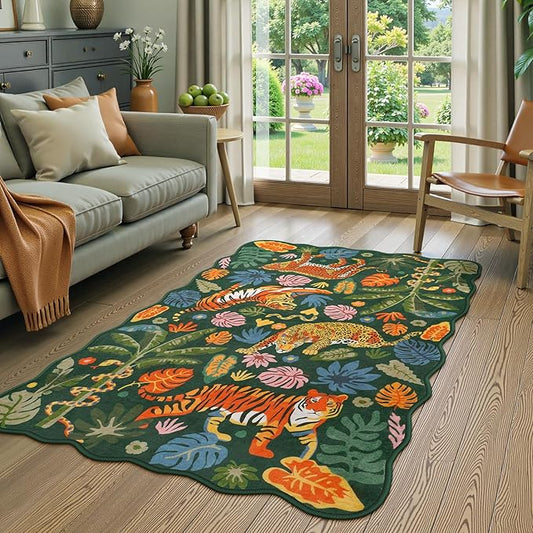 LEEVAN 3x5 Bedroom Rug Washable Tiger Kitchen Rugs Non Slip Green Entryway Mat Scalloped Bathroom Floor Pad Leopard Living Room Rug Low Pile Playroom Carpet Jungle Kids Mat