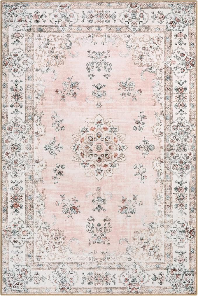 Lahome Washable 6x9 Area Rugs for Living Room, Vintage Floral Pink Large Rug for Nursery Girls Bedroom, Non Slip Lightweight Foldable Carpet for Apartment Dorm Home Office Decor