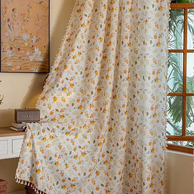 OYX Yellow Boho Pattern Floral Curtains 96 Inch Length 2 Panels for Living Room, Bedroom Light Filtering Drapes, Vintage Country French Tassels Patterned Rod Pocket Aesthetic Decor Window Treatments