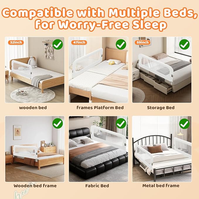 omzer Bed Guard Rail for Toddlers - 59inch Foldable & Adjustable Height Baby Bed Safety Side Rails - Large Toddler Crib Railing Guard for Twin, Bunk, Full Size, Queen & King, Full Size Bed
