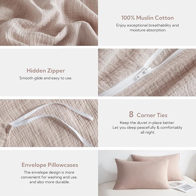 MILDLY Muslin Duvet Cover Full - 100% Washed Cotton Linen Like Gauze Comforter Cover 3 Pieces Breathable & Lightweight for All Season