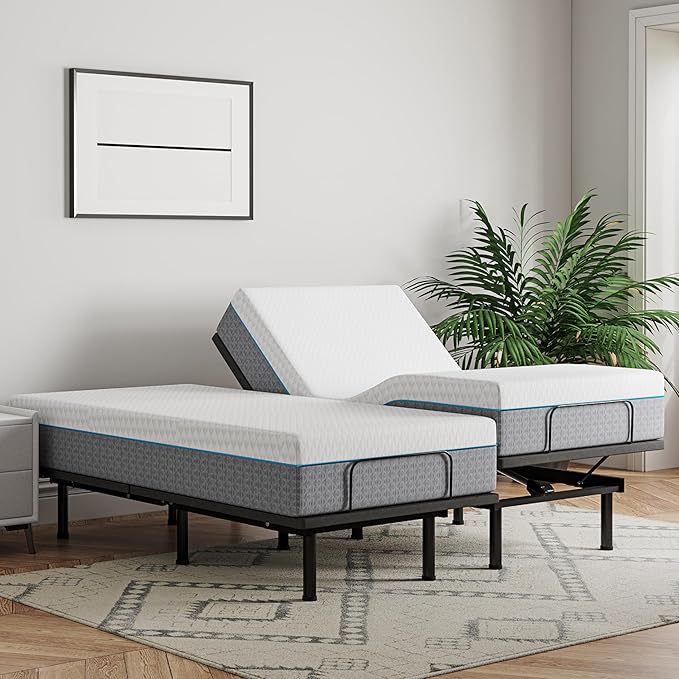 EGOHOME Split King Adjustable Bed Base Frame and 14 inch Charcoal Gel Memory Foam Mattress, Electric Foldable Metal Bed Base with Independent Head and Foot Incline, Wireless Remote,Zero Gravity