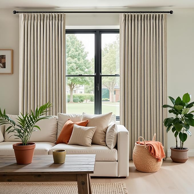 IVAPUPU Sand Pinch Pleated Full Blackout Linen Curtains for Bedroom, Black Out Curtains 95 Inches Long for Living Room Darkening Thermal Insulated Neutral Pleat Drapes with 16 Hooks, 2 Panels