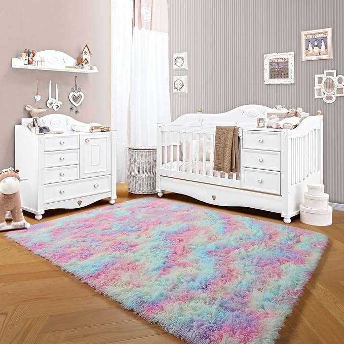 ONASAR Rainbow Area Rugs for Living Room Girls Bedroom, 5x8 Fluffy Rug, Washable Indoor Ultra Soft Plush Shaggy Large Floor Carpets for Nursery Kids Baby Girl Teen Dorm Playroom Home Decor Aesthetic