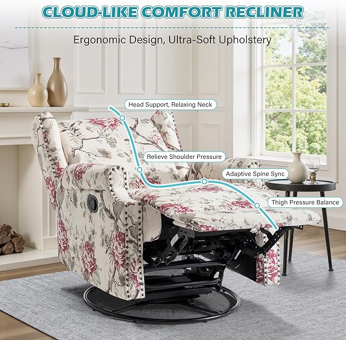 UIXE Floral Swivel Glider Recliner Chairs Set of 2, High Back Nursery Rocker Fabric Accent Chair for Living Room, Rivet Trim Upholstered Armchair Manual Reclining Sofa Seating - Beige Floral