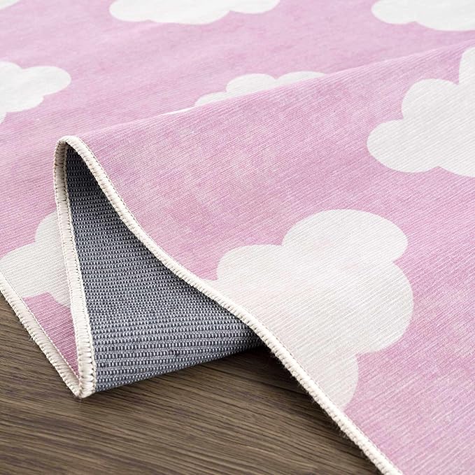 Hauteloom Nizar Girls Room, Nursery Machine Washable Area Rug - Clouds - Pink, Cream - 5'3" x 7'3"