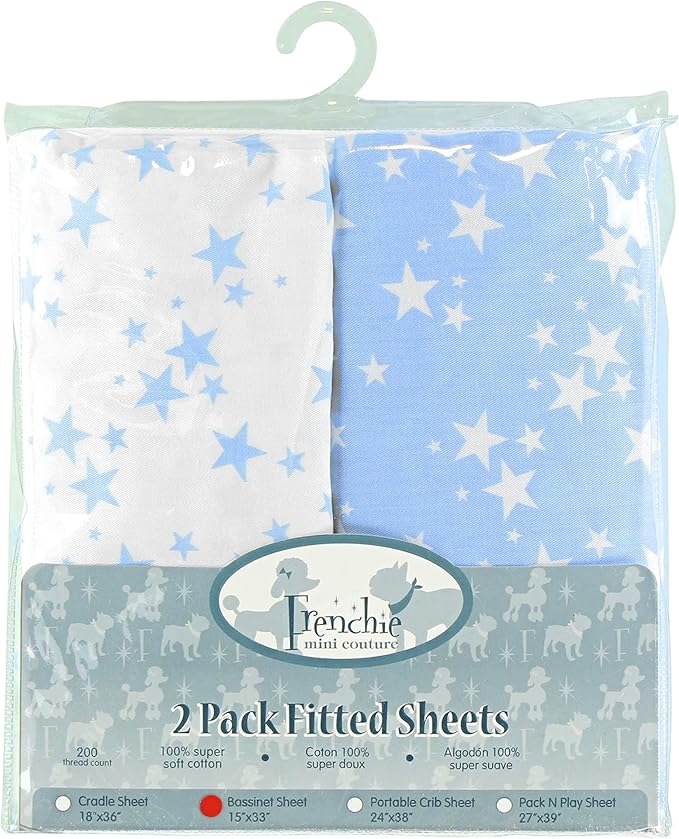 Frenchie Mini Couture Bassinet Sheets, 100% Cotton, Blue Stars, 15 x 33in, 2-Pack