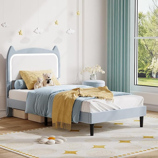 Twin Princess Bed Frame for Girls with LED Lights & Heavy-Duty Bed Leg Supports - Blue Velvet Upholstered Cat Headboard Platform Bed - Enhanced Stability, No Box Spring Needed, App/Remote Control
