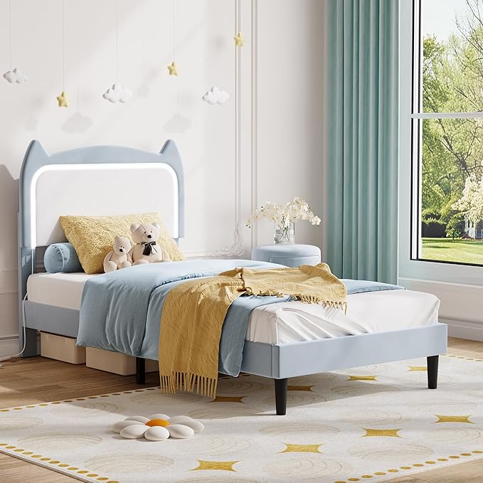 Garvee Twin Upholstered Bed Frame withCute Cat Headboard, Velvet Princess Platform Bed Frame with Sturdy Wood Slats Support for Girls/Kids, No Box Spring Needed, Blue
