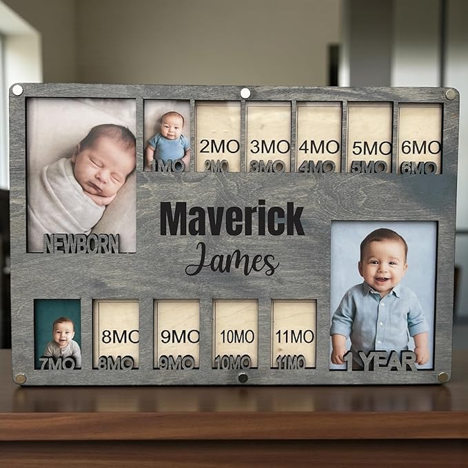 Newborn picture frame - 12 months photo display - Personalized frame - Gift for new mom - Baby photo album- Baby portrait (Newborn 3.0)