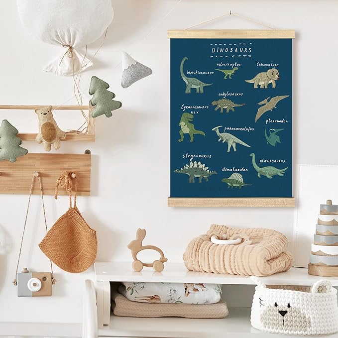 BCUANGD Dinosaur Dino Wall Decor - Dark Blue Baby Toddler Boys Room Wall Art Poster Hanger with Wood Frames, Inspirational Wall Hanging Canvas Decor for Kids Room Nursery Bedroom, 12x16 Inches