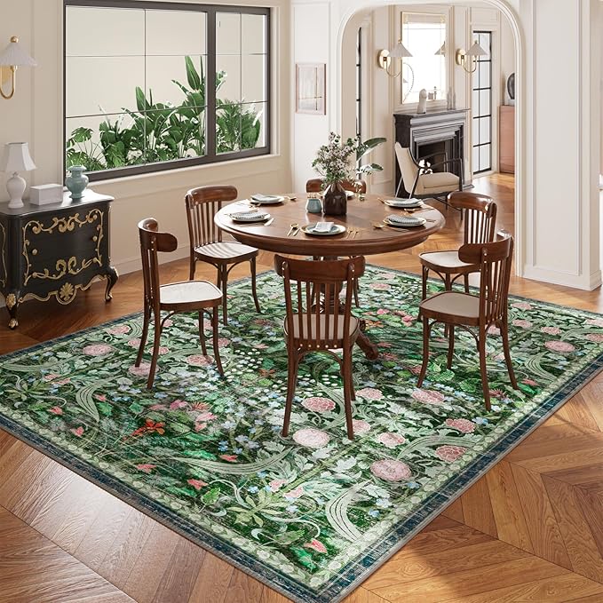 AMTOVO 5x7 Washable Area Rugs for Living Room, Vintage Boho Floral Distressed Print Non-Slip Carpet, Soft Colorful Accent Rug for Bedroom Dining Room Playroom Nursery Farmhouse Girls Room, Dark Green