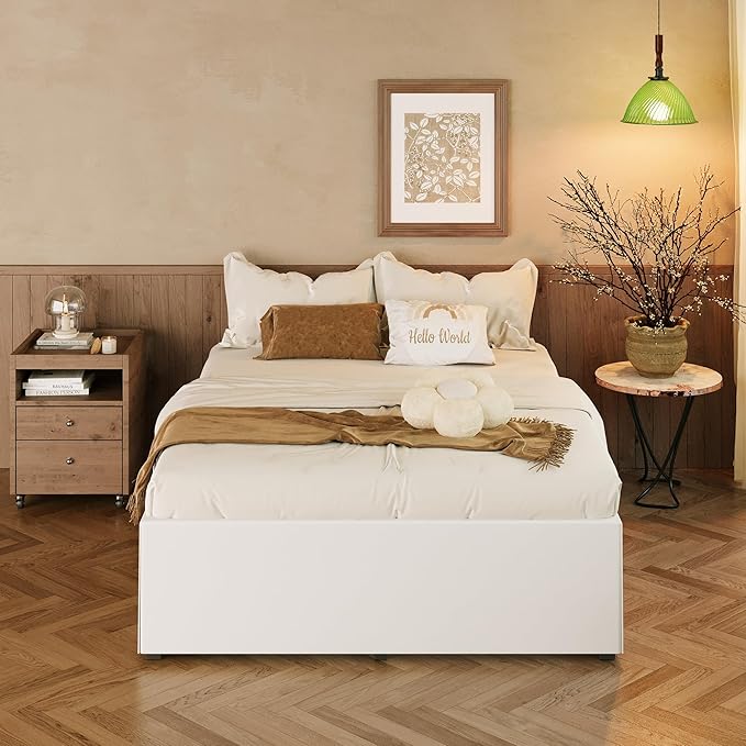 EMODA 18 Inch Full Size Bed Frame with White Skirt Cover, Heavy Duty Metal Platform No Box Spring Needed, Easy Assembly Noise Free