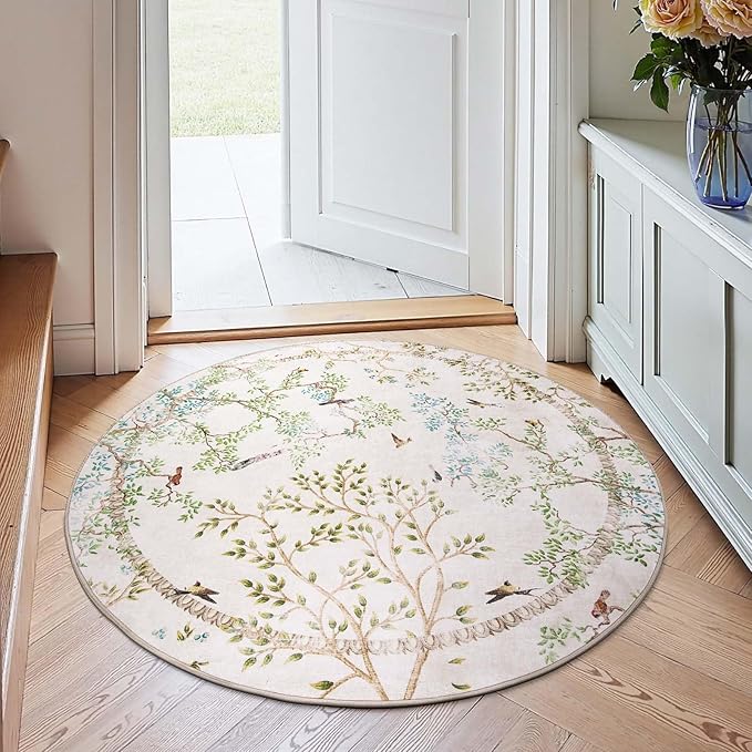 jinchan Yarden Round Rugs 4ft Ivory Botanical Birds Print Machine Washable 4' Circle Nature Plants Modern Soft Non Slip Throw Area Rugs Ultra Thin Low Pile Carpet for Entryway Bedroom Kids Room