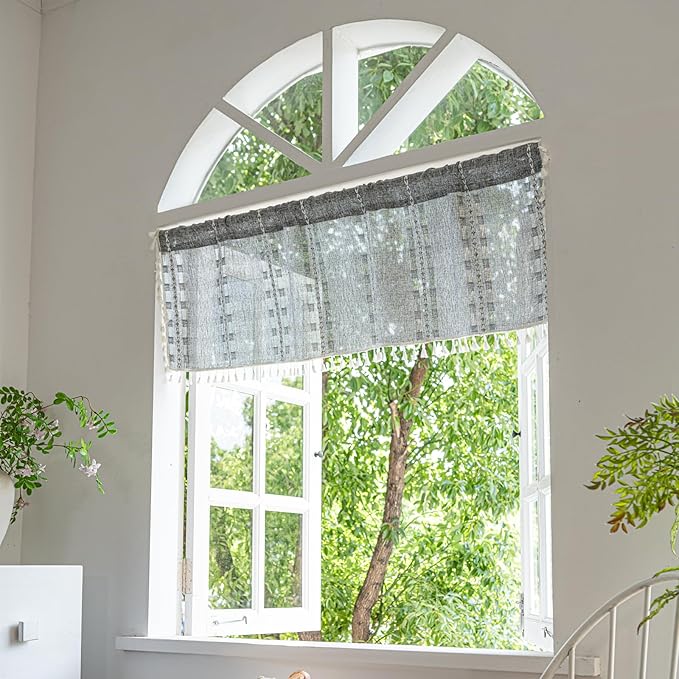Deeprove Boho Valance Kitchen Short Curtain, Textured Striped Drape Semi Sheer Privacy Tier Embroidered Chic Window Treatment for Cafe Restaurant Closet, W52 x L18 inch Single 1 Panel Coal Grey
