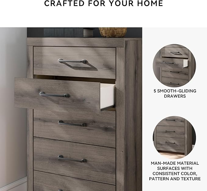 Signature Design by Ashley Urbanoore Rustic 5-Drawer Chest of Drawers with Safety Stop, Gray