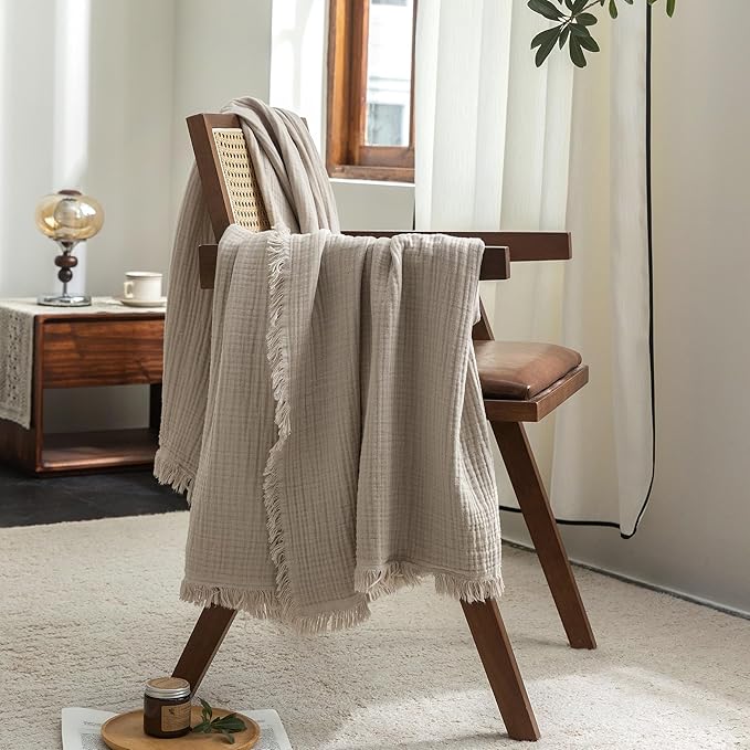 FOSSA Muslin Blanket with Fringe -4-Layer 100% Cotton Gauze Super Soft & Breathable Throw -Lightweight Decorative Cooling Blanket for Bed, Sofa, Office -Throw XL Size 70" x 50"(Beige Gray)
