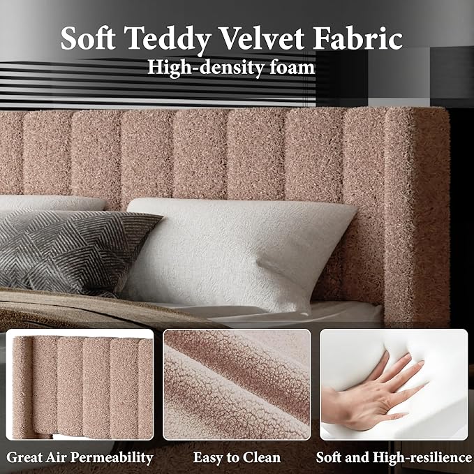 Queen Bed Frame with Headboard Upholstered Platform Bed Frame with Teddy Velvet Headboard, Wooden Slats Support/Wing Edge Design/No Box Spring Needed/Easy Assembly, Brown Queen