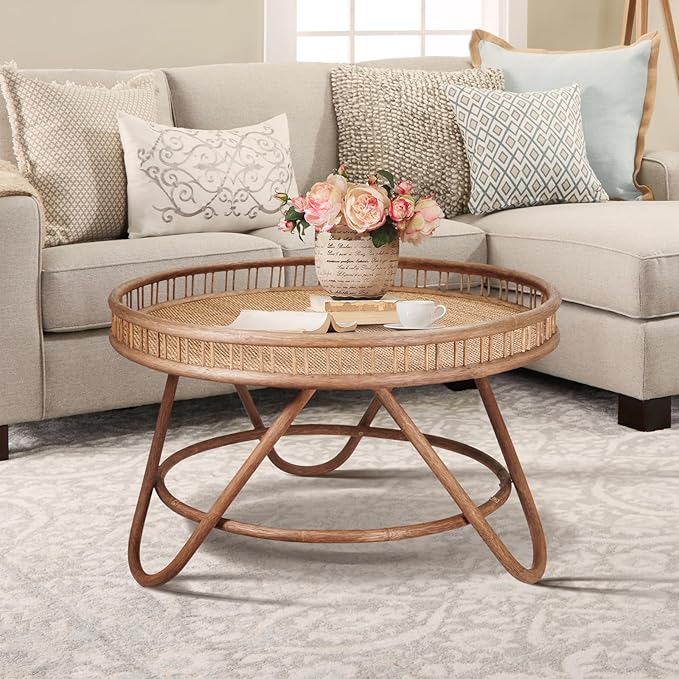 FINECASA Boho Rattan Coffee Table Round, Handwoven Modern Style Round Wicker Coffee Table for Living Room,32x18 '' Brown