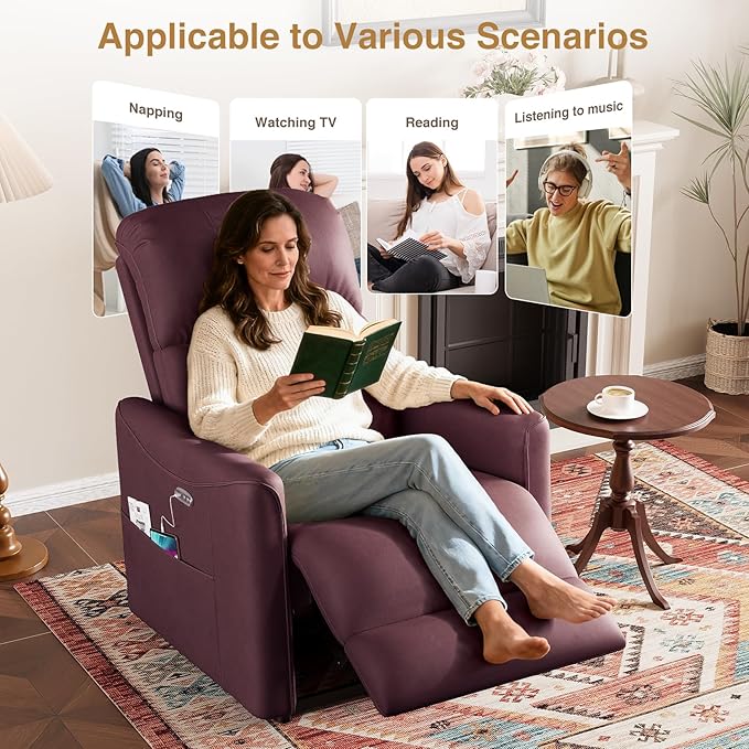 Adjustable Power Recliner Chair, Comfy PU Leather Electric Recliner Chair, Power Recliners with USB Port, Eco-Certified Small Recliners for Small Spaces Sofa Reclinable, Dark Purple