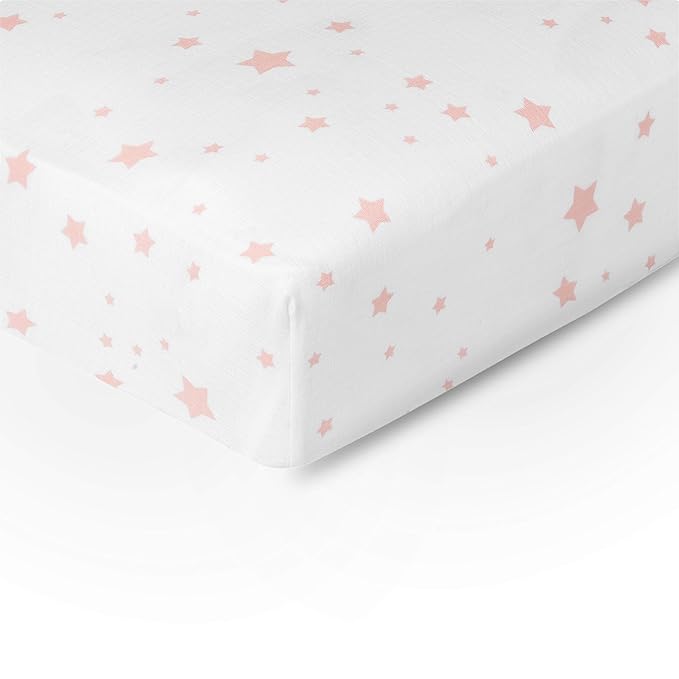 Newton Baby Organic Fitted Crib Sheets (2-Pack) - 100% Breathable and Ultra-Soft, 100% Organic Muslin Cotton, Stardust Print in Blush Coral + Solid White, Fits All Standard Cribs