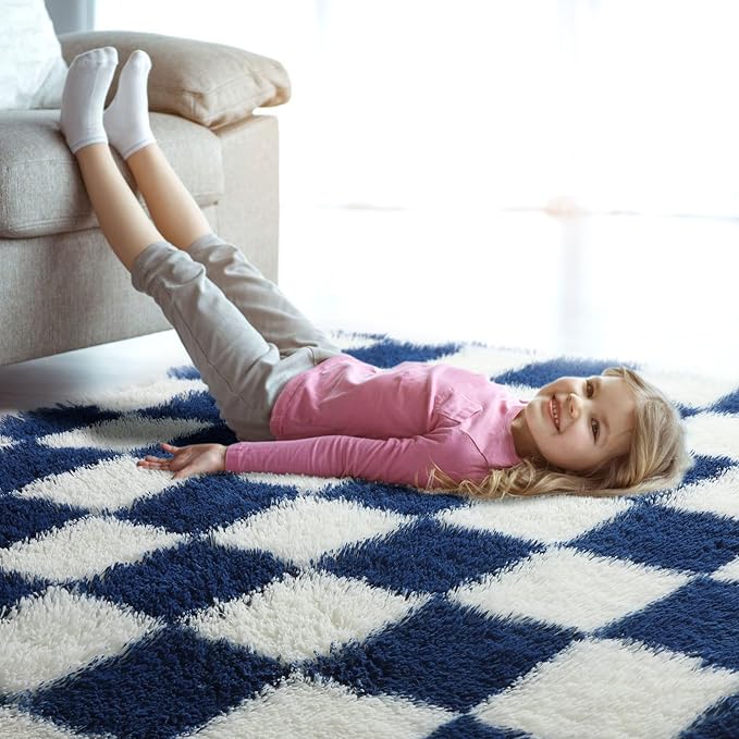 KICMOR 8x10 Area Rugs for Living Room, Large Fluffy Soft Checkered Shag Shaggy Bedroom Carpet, Navy Blue and Cream White Big Fuzzy Plush Rug for Kids Boys Girls Dorm Nursery Home Decor Aesthetic