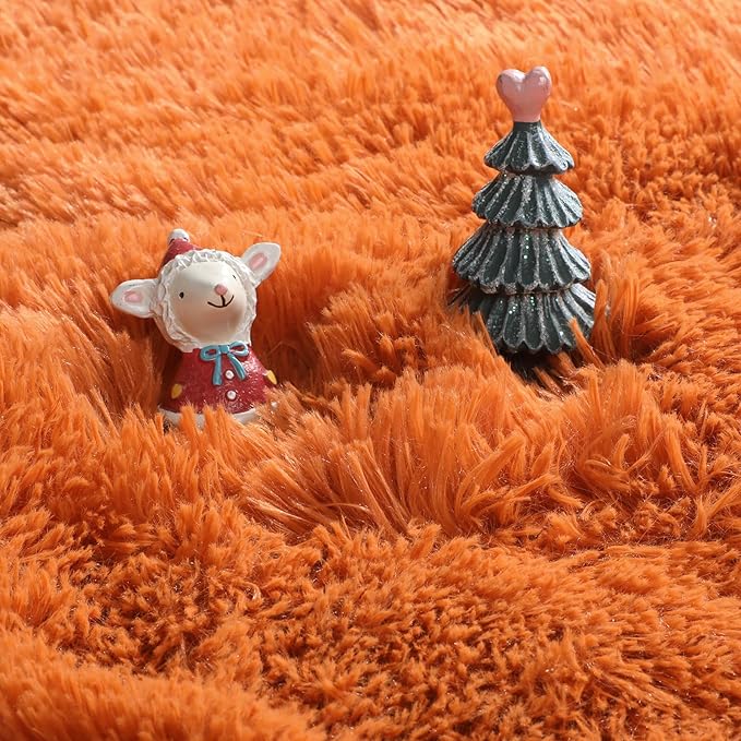 Amdrebio Burnt Orange Round Circle Rug 4Ft for Bedroom Living Room Aesthetic, Fluffy Fuzzy Furry Shaggy Area Rugs for Kids Room Decor, Small Plush Shag Dark Orange Carpet for Nursery Dorm Classroom
