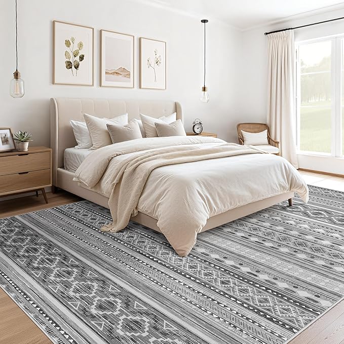Area Rugs for Living Room Washable Living Room Rug Soft Neutral Indoor Floor Carpet Non-Slip Stain Resistant Modern Boho Rugs for Bedroom Dining Room Kids Room Nursery Office Home Grey/Beige