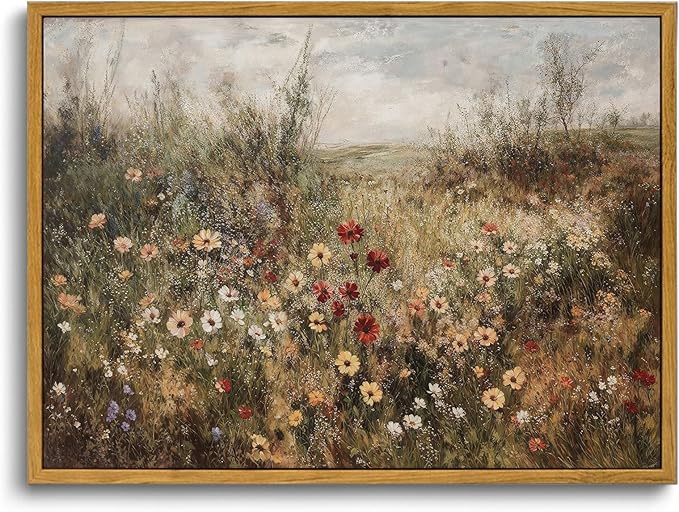 OIQArtOIQ Vintage Wildflowers Landscape Wall Art Framed Floral Natural Scenery Oil Painting Canvas Prints Country Farmhouse Fall Decor Pictures Kitchen Bedroom Living Room Bathroom