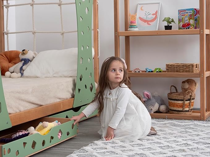 BUSY WOOD Monkey Bed – Twin Frame with Storage & Desk – Montessori Indoor Playground – Jungle Gym Furniture for Kids – Toddler Sleeping Frame with Drawers & Removable Table