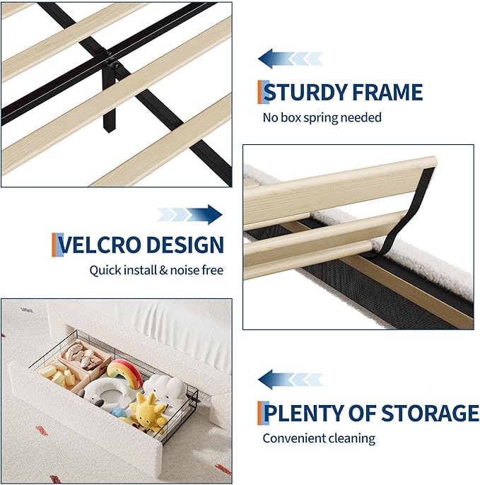 IDEALHOUSE Twin Bed Frame with LED Headboard and Under-Bed Drawer, Metal Upholstered Platform Bed with LED Light for Kids, Girls, Lamb Fleece Fabric, Wooden Slats Support, No Box Spring Needed, White
