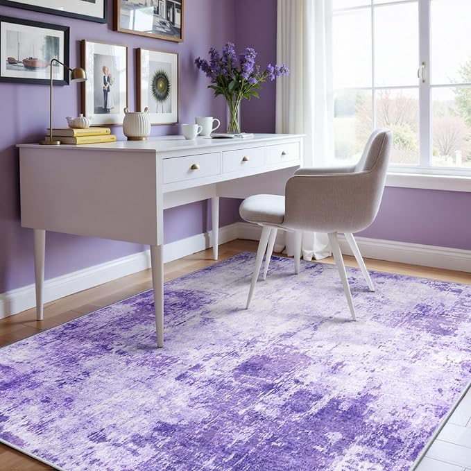 Washable Area Rugs 4'x6' Non-Slip Modern Abstract Soft for Living Room Entryway Bedroom Nursery, Print Pattern, Purple Gray Pink White