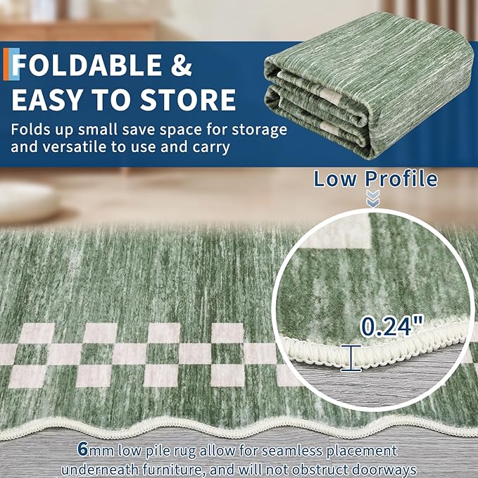 GarveeHome 8x10 Area Rug for Living Room Scalloped Washable Large Bedroom Rug Non Slip Stain Resistant Modern Border Dining Room Throw Carpet Scalloped Boho Rug for Home Decor Office Nursery, Green