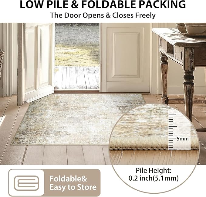 Washable Area Rugs 4'x6' Non-Slip Modern Abstract Soft for Living Room Entryway Bedroom Nursery, Print Pattern, Neutral Brown Gray