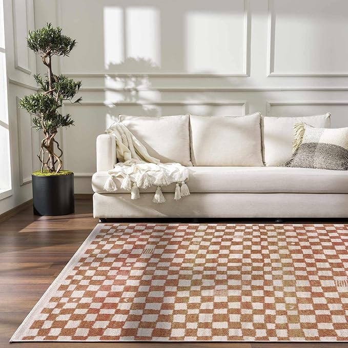 Hauteloom Pertek Modern Checkered Area Rug - Modern Geometric Carpet for Living Room, Kids Room, Nursery - Bohemian Boho Carpet - Cream, Beige, Light Red, Somon - 6'7" x 9'