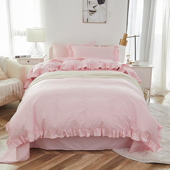 Brandream Kid's Duvet Cover Full/Queen Size,100% Organic Cotton 3Piece Girl Bedding Duvet Cover Set, Ruffled Fringe Solid Color Soft Breathable with Zipper Closure & Corner Ties(Pink)
