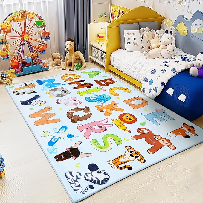 Kids Rugs for Playroom, 5x7 Feet Educational Rug for Learn The ABC Alphabet, Soft Machine Washable Non-Slip Cute Animal Carpet for Classroom Toddler Nursery Kids Room Decor Mat, Blue