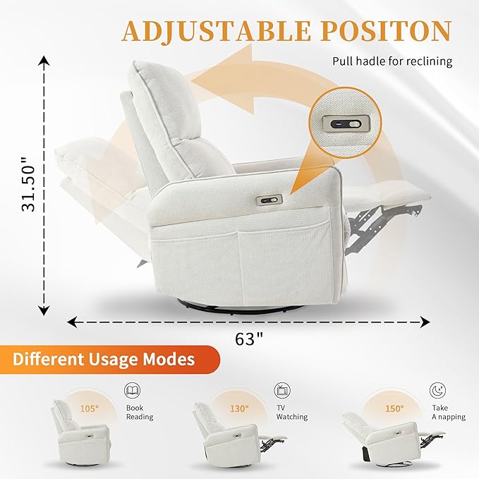 Power Swivel Rocker Recliner Chair for Nursery, Upholstered Snowflake Velvet 270°Swivel Glider Rocker Chair with USB Ports, Small Power Recliners for Small Spaces Living Room