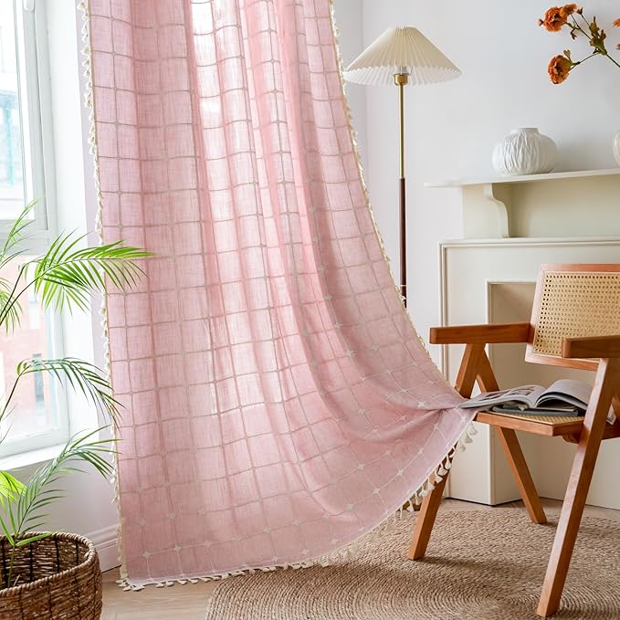 Deeprove Pink Boho Curtains 84 Inches Long for Girl's Bedroom Nursery Room, Cotton Linen Plaids Embroidery Semi Blackout Bohemian Window Treatment Grids Drape Tassels, 1 Panel W52 x L84