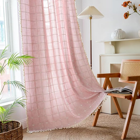Deeprove Pink Boho Curtains 84 Inches Long for Girl's Bedroom Nursery Room, Cotton Linen Plaids Embroidery Semi Blackout Bohemian Window Treatment Grids Drape Tassels, 1 Panel W52 x L84
