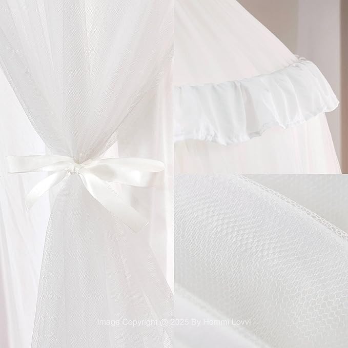 Double Layers Bed Canopy with Star Lights, 3 Pieces Layers Canopy for Girls Bed, Princess Round Dome Dreamy Play Tent, Hanging Kids Reading Nook Mosquito Net, Machine Washable - White