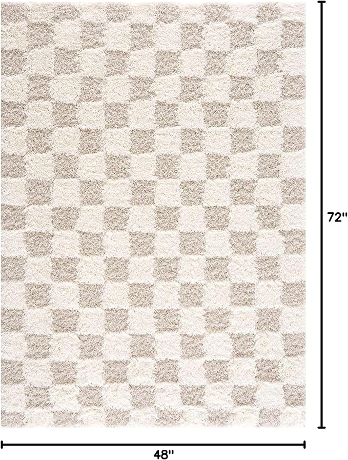 BoutiqueRugs Atira Modern Checkered Shag Area Rug - High Pile Fluffy Shaggy Carpet - for Entryway, Living Room, Nursery, Playroom, Girls Boys Room - Beige, Cream, White - 4' x 6'