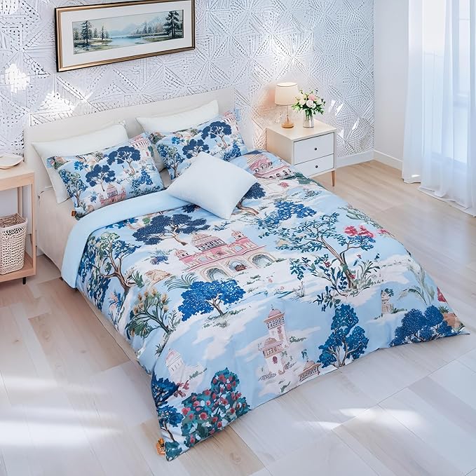 MAGRACE Blue Farmhouse Duvet Cover Queen Size, 3 PCS Washed Fiber Floral Pattern Bedding Set, Cozy Soft Breathable Quilt Cover, Zipper + 8 Corner Ties + 2 Pillow Shams, Without Comforter