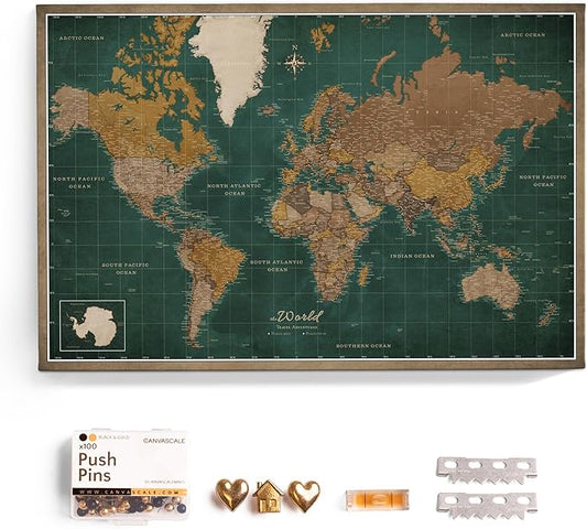 Canvas World Map with Cork Pin Board - English Lettering - Decorative Wall Decoration for All Rooms - Canvas Pictures with World Map Motif (150x100 cm, Pattern 4)