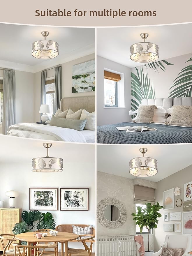 20" Silver Caged Ceiling Fans with Lights, Silver Fandelier Ceiling Fan with Light Remote Control, Bladeless Caged with 6 Speeds for Bedroom, Nursery, Living Room