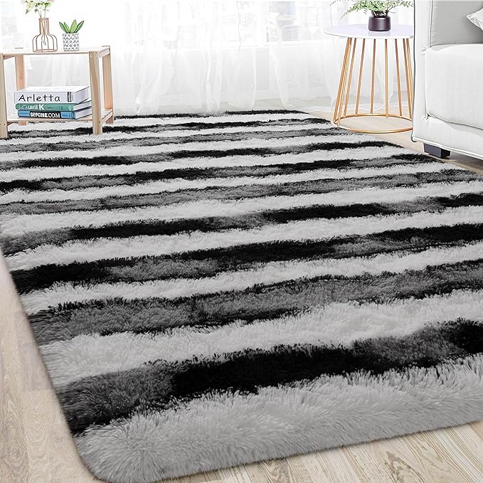 Meralax Area Rugs for Living Room Bedroom, Machine Washable 5x8 Feet Soft Fluffy Shaggy Rug, Black and White Stripe Indoor Floor Carpet for Boys, Dorms, Nursery Rooms, Home Decor Aesthetic