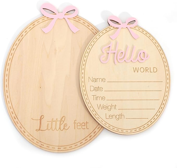 2pcs Wooden Bow Hello World/Footprint Sign - Bow Baby Girl Announcement Sign,Hello World Baby Girl Hospital Sign with Bow (Bow-2)