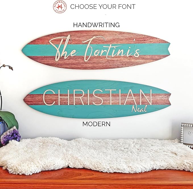 Headwaters Studio Personalized Wooden Surfboard Wall Decor – Custom Name Surfboard Sign for Nursery, Playroom, or Coastal Room – Decorative Surf Board Wall Art-2 Sizes, 12 Colors
